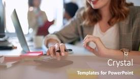  Presentation with work - Presentation theme having young-woman-at-work-calculating background and a coral colored foreground