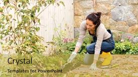  Presentation with gardening tools on fertile soil - Slide deck featuring young woman autumn gardening backyard background and a yellow colored foreground