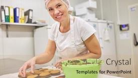  Presentation with chocolate biscuits - PPT layouts featuring young-woman-baker-decorates-double background and a  colored foreground