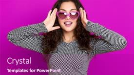  Presentation with purple heart - Presentation theme enhanced with young woman beautiful portrait posing on purple background long curly hair sunglasses in heart shape glamour concept background and a violet colored foreground