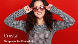  Presentation with glamour - Colorful PPT theme enhanced with young woman beautiful portrait posing on red background long curly hair sunglasses in heart shape glamour concept backdrop and a tawny brown colored foreground