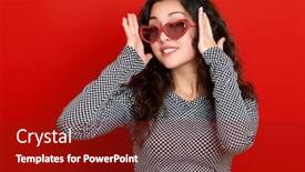  Presentation with glamour - Colorful slide set enhanced with young woman beautiful portrait posing on red background long curly hair sunglasses in heart shape glamour concept backdrop and a tawny brown colored foreground