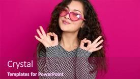  Presentation with glamour - Colorful slide deck enhanced with young woman beautiful portrait show okay sign posing on pink background long curly hair sunglasses in heart shape glamour concept backdrop and a violet colored foreground
