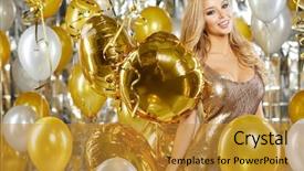  Presentation with golden woman - Presentation design consisting of young woman between golden balloons background and a gold colored foreground