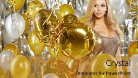  Presentation with golden woman - Amazing PPT layouts having young woman between golden balloons backdrop and a gold colored foreground