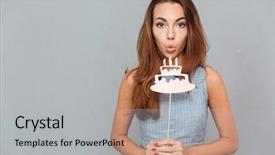 Presentation with cute birthday - PPT theme featuring young woman blowing on birthday background and a light gray colored foreground
