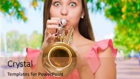  Presentation with blowing leaves - Colorful slide set enhanced with young woman blowing trumpet outdoor backdrop and a coral colored foreground