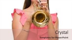  Presentation with trumpet - Audience pleasing theme consisting of young woman blowing trumpet on white background backdrop and a coral colored foreground