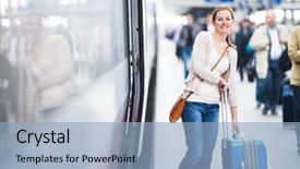  Presentation with train - Beautiful slides featuring young woman boarding a train backdrop and a light blue colored foreground