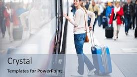  Presentation with train transport - Theme having passenger transport - pretty young woman boarding background and a light blue colored foreground