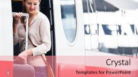  Presentation with train - Presentation design consisting of young woman boarding a train background and a coral colored foreground