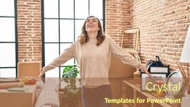  Presentation with new home - PPT theme having young-woman-breathing-with-arms background and a coral colored foreground