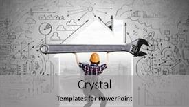  Presentation with keyhole - Colorful presentation design enhanced with young woman builder and keyhole at background lifting big key above head backdrop and a light gray colored foreground