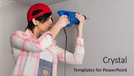  Presentation with drill - Slide set having young woman builder drill wall of the old drill background and a light gray colored foreground