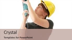  Presentation with builder - Slide deck consisting of young woman builder in yellow helmet holding driller background and a coral colored foreground