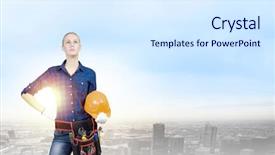  Presentation with builder - Beautiful presentation featuring tool belt craftsperson carpenter construction - young woman builder with hardhat backdrop and a sky blue colored foreground