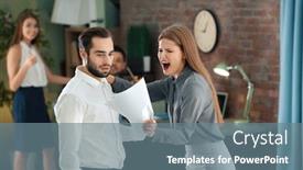  Presentation with bullying - Colorful slide set enhanced with young woman bullying her colleague at work backdrop and a gray colored foreground