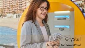  Presentation with bank teller - PPT theme with young-woman-business-worker-holding background and a coral colored foreground