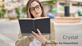  Presentation with business book - Slides having young-woman-business-worker-reading background and a mint green colored foreground