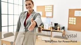  Presentation with worker - PPT theme featuring young-woman-business-worker-shak background and a coral colored foreground