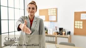  Presentation with worker - Presentation having young-woman-business-worker-shak background and a mint green colored foreground