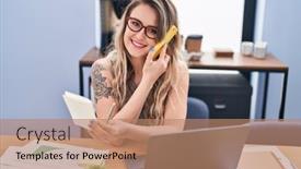  Presentation with paperwork - PPT theme having young-woman-business-worker-talking background and a coral colored foreground