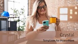  Presentation with work life balance scales business - Theme enhanced with young-woman-business-worker-using background and a coral colored foreground