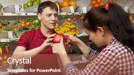  Presentation with vegetable farm - Audience pleasing presentation consisting of young woman buys grapefruit assistant helping customer at vegetable counter of farm shop backdrop and a red colored foreground
