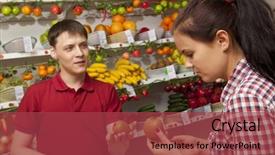  Presentation with vegetable farm - Presentation theme enhanced with young woman buys kiwi assistant helping customer at vegetable counter of farm shop background and a red colored foreground