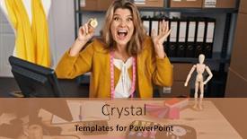  Presentation with bitcoin - Presentation design having young-woman-by-manikin background and a coral colored foreground