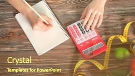  Presentation with weight loss - Colorful slide deck enhanced with young woman calculating calories backdrop and a tawny brown colored foreground