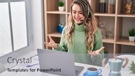  Presentation with call center - Presentation design featuring young-woman-call-center-agent background and a  colored foreground