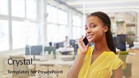  Presentation with internship - Amazing theme having young woman calling business hotline backdrop and a  colored foreground