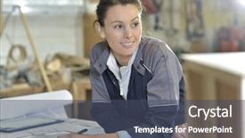  Presentation with carpenter - PPT theme enhanced with young woman carpenter designing plans in workshop background and a ocean colored foreground
