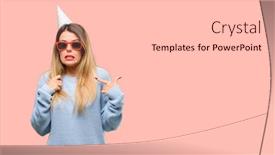  Presentation with wow - Audience pleasing PPT layouts consisting of young woman celebrates birthday happy and surprised cheering expressing wow gesture pointing with finger backdrop and a light gray colored foreground