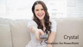  Presentation with station - PPT layouts enhanced with young woman changing tv station background and a mint green colored foreground