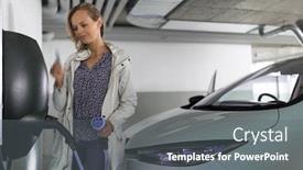  Presentation with electric vehicle - PPT theme consisting of young-woman-charging-an-electric background and a gray colored foreground