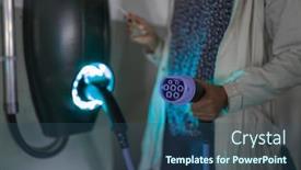  Presentation with electric vehicle - Amazing PPT theme having young-woman-charging-an-electric backdrop and a ocean colored foreground