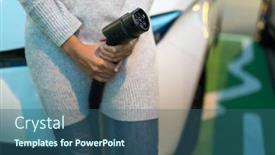 Presentation with electric vehicle - PPT theme consisting of young-woman-charging-an-electric background and a ocean colored foreground