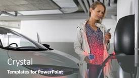  Presentation with electric vehicle - Audience pleasing PPT theme consisting of young-woman-charging-an-electric backdrop and a gray colored foreground