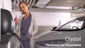  Presentation with electric vehicle - PPT layouts with young-woman-charging-an-electric background and a gray colored foreground