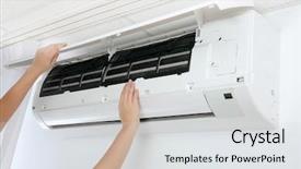  Presentation with air conditioning - PPT theme featuring young woman checking air conditioner background and a light gray colored foreground