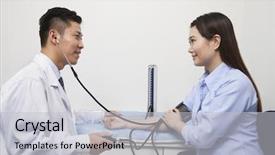  Presentation with concept high blood pressure used tablets and - Slide deck having young woman checking blood pressure background and a light gray colored foreground