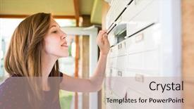  Presentation with letters - Slide set with young woman checking her mail background and a coral colored foreground