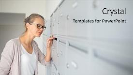  Presentation with customer service face of pretty - Presentation theme with young woman checking her mailbox background and a light gray colored foreground