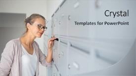  Presentation with young man and a woman - Beautiful PPT theme featuring young woman checking her mailbox backdrop and a light gray colored foreground