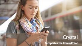  Presentation with train - Audience pleasing PPT theme consisting of young woman checking train schedule backdrop and a violet colored foreground