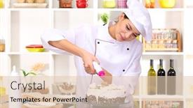  Presentation with cooking chef - Slide set consisting of young woman chef cooking cake in kitchen background and a lemonade colored foreground