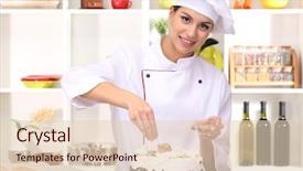  Presentation with cooking chef - Slide deck with young woman chef cooking cake background and a  colored foreground