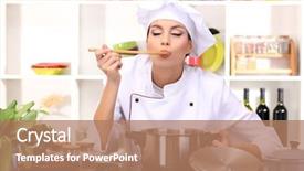  Presentation with cooking chef - Presentation theme featuring young woman chef cooking background and a coral colored foreground
